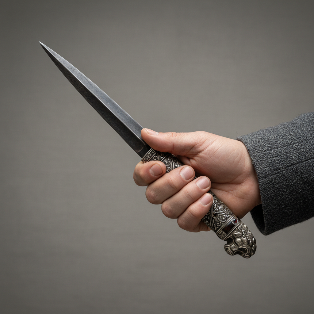 A close-up of a hand emerging from a heavy wool sleeve, gripping a slender, tapered Persian dagger made of darkened stee