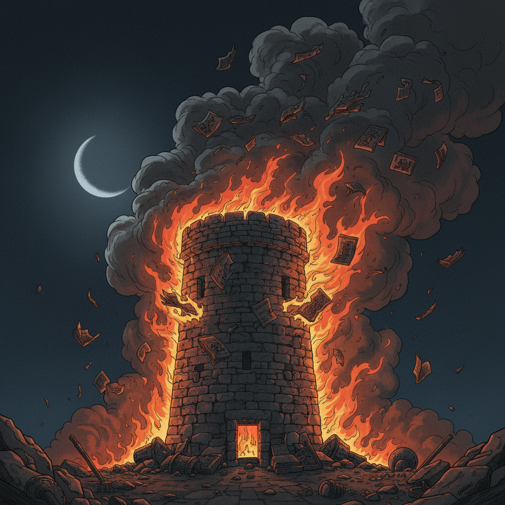 A dramatic illustration of a massive fire consuming a stone tower at night, with charred pages of ancient manuscripts fl