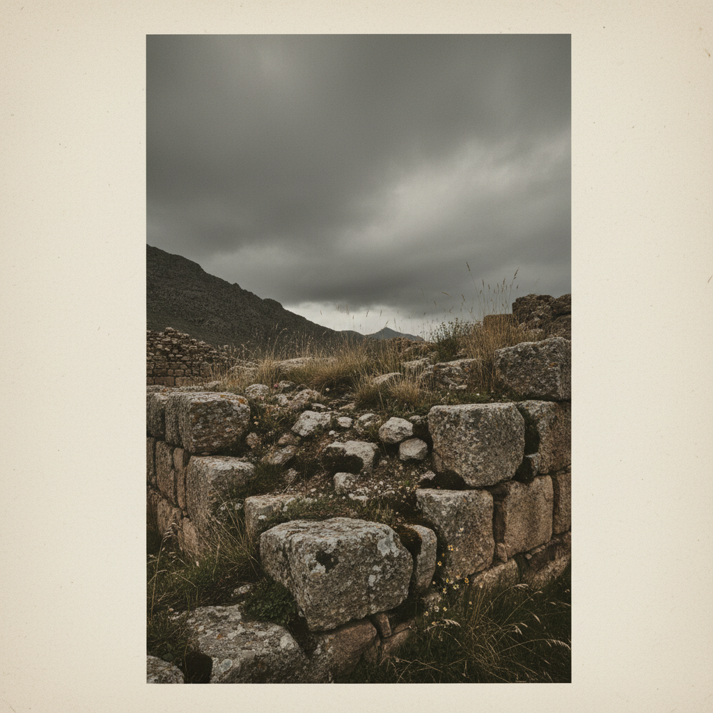 A haunting, close-up shot of the weathered stone foundations of the Alamut library, with wild mountain grass growing bet