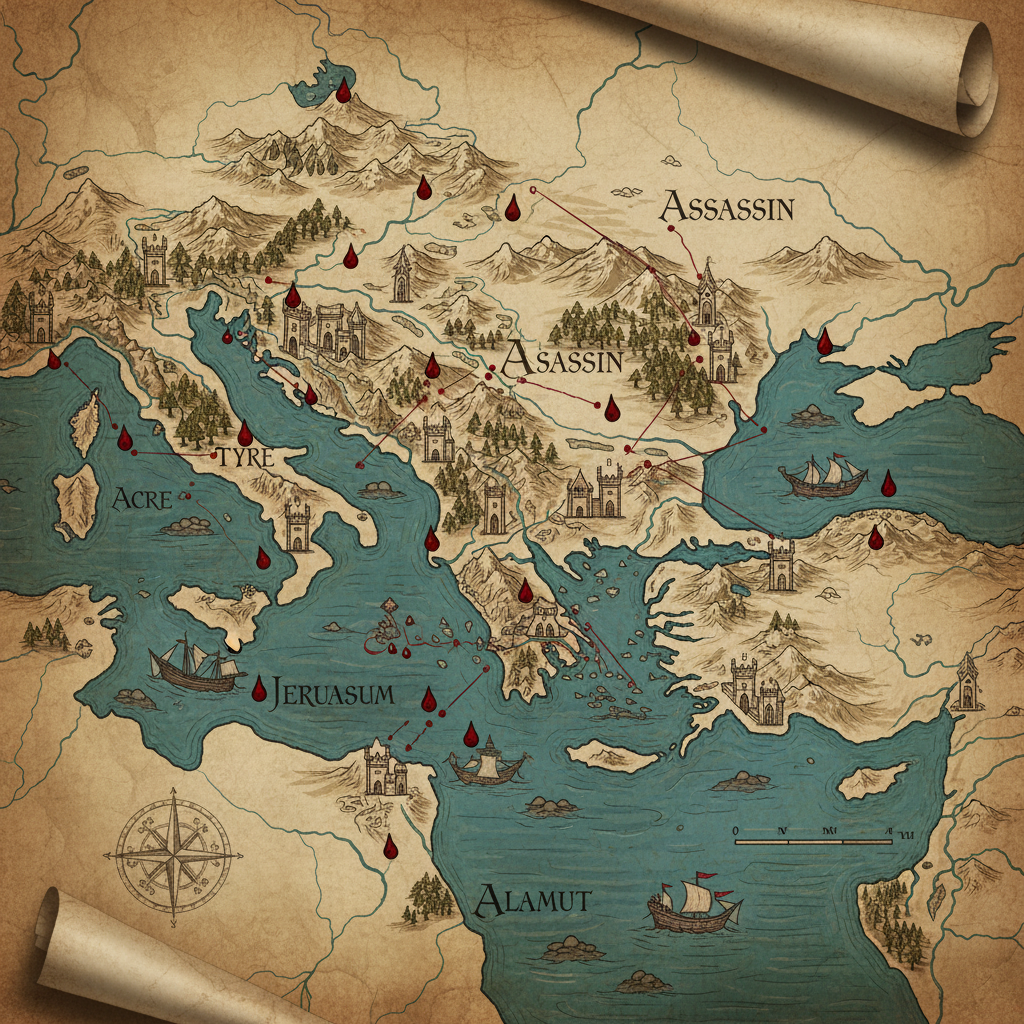 A medieval map of the Levant, hand-drawn on vellum, with the mountain fortresses of the Assassins marked in red ink like