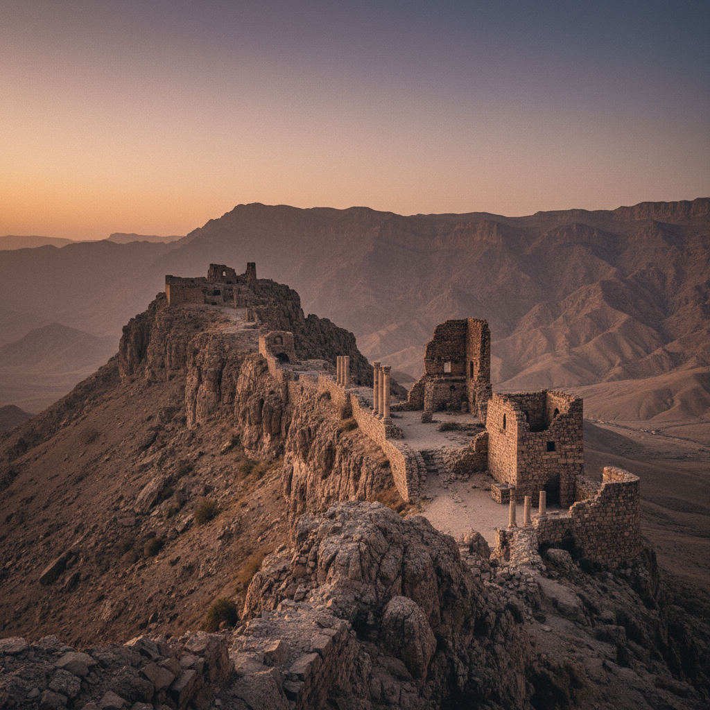 A wide, cinematic shot of the ruins of Alamut Castle perched on a narrow rock ridge, surrounded by the desolate, sun-sco