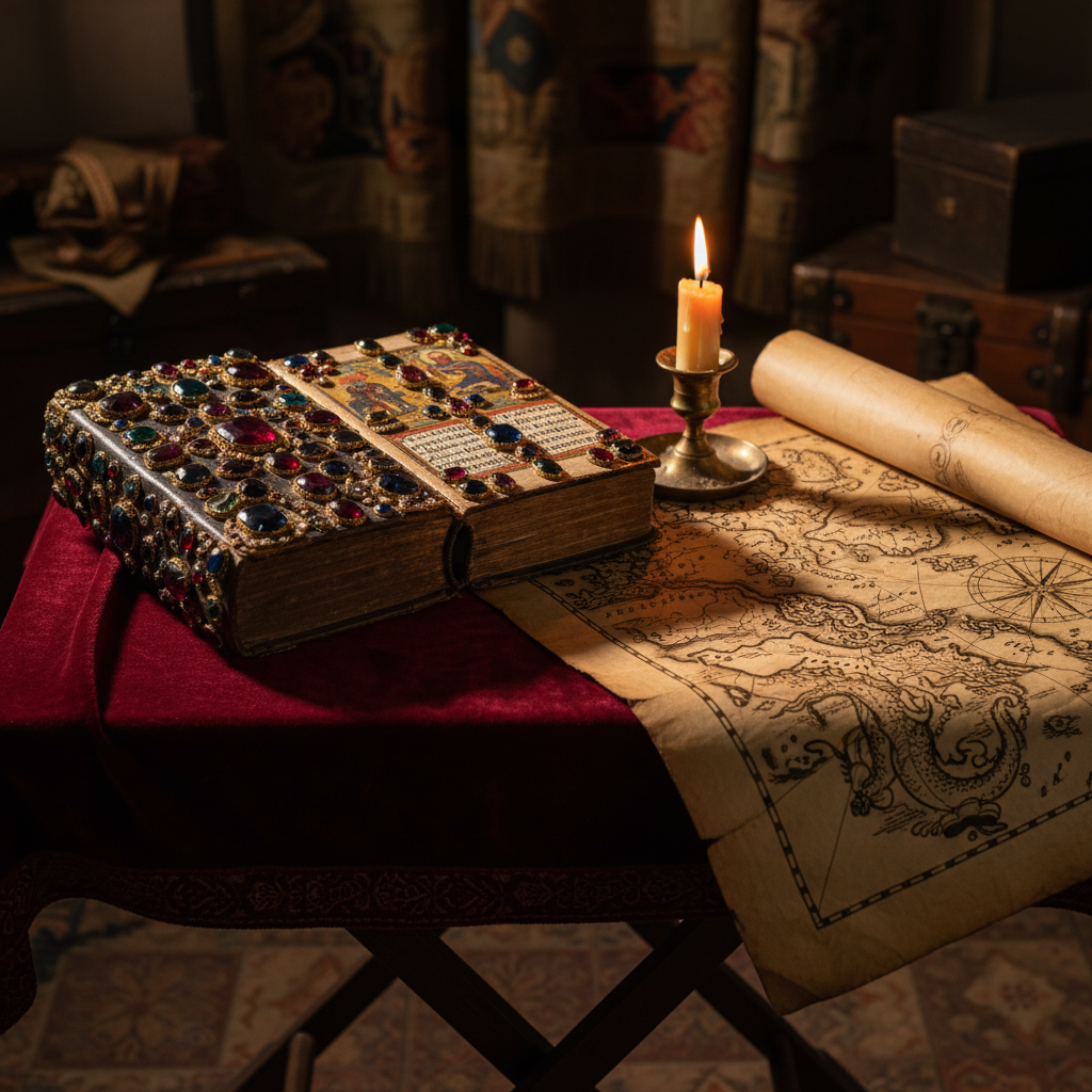 Queen Isabella’s jewel-encrusted prayer book lying open on a velvet camp table next to a primitive sea chart, the light 