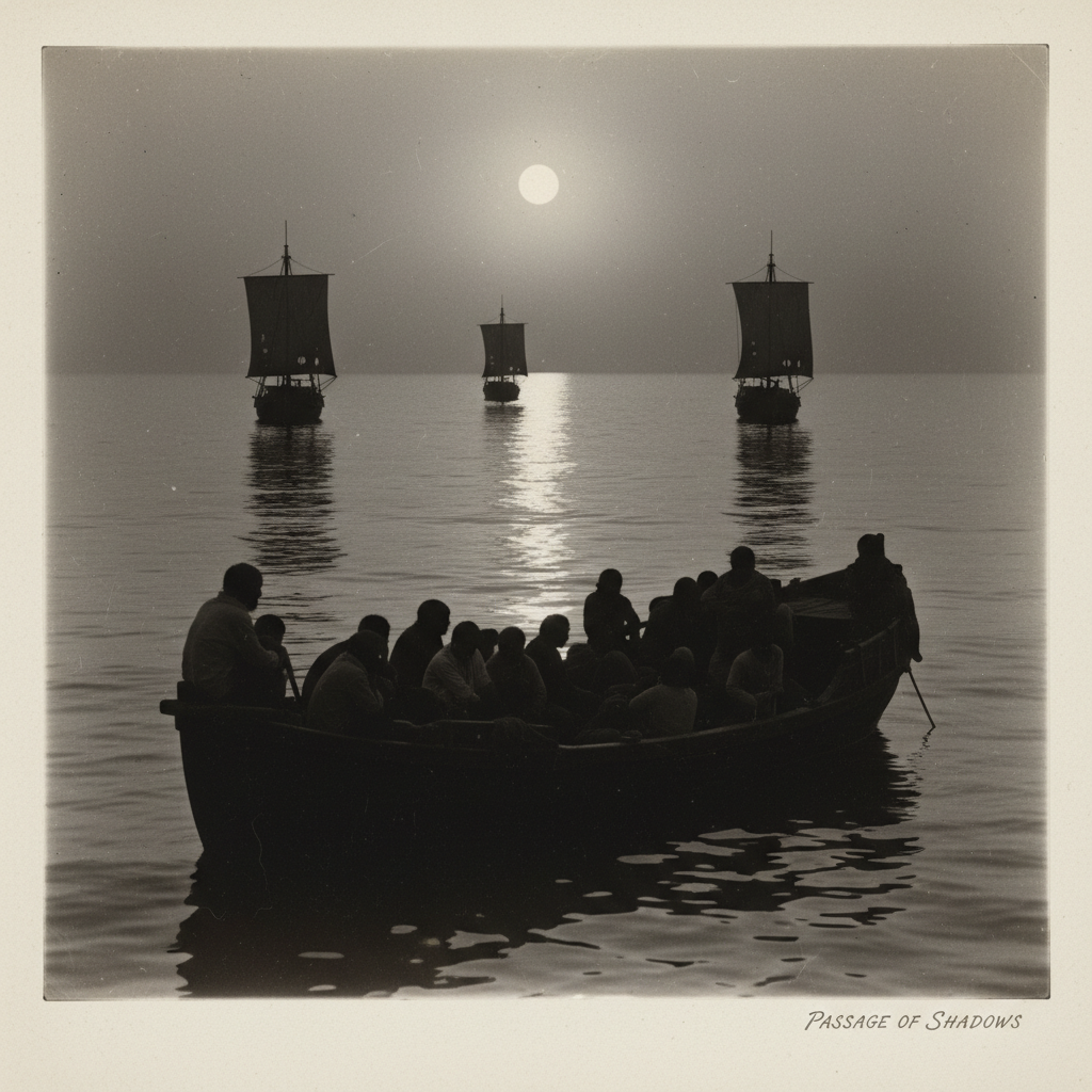 The silhouettes of three small ships against a moonlit sea, passing a crowded galley filled with the shadows of exiles.