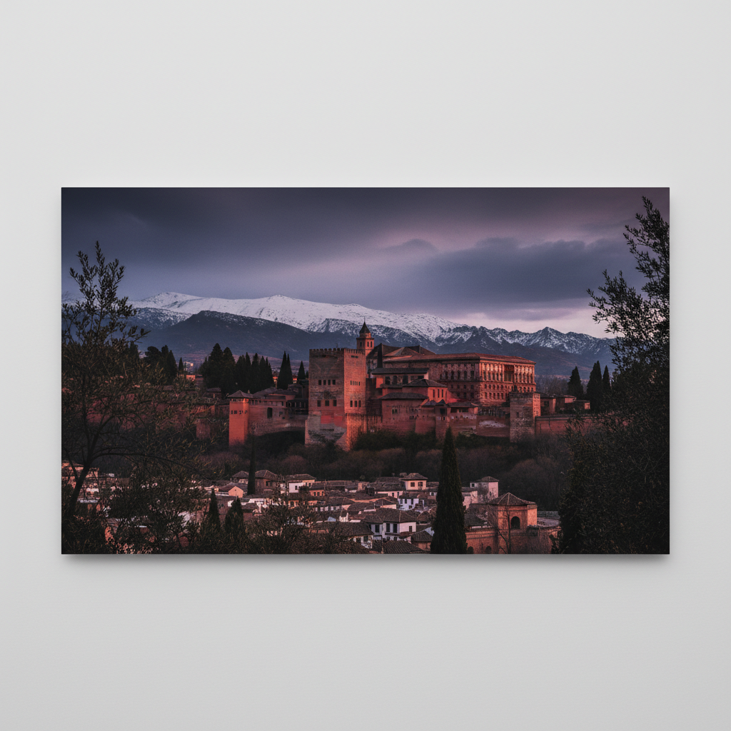 The red towers of the Alhambra silhouetted against the snow-capped peaks of the Sierra Nevada, the sky a bruised violet.