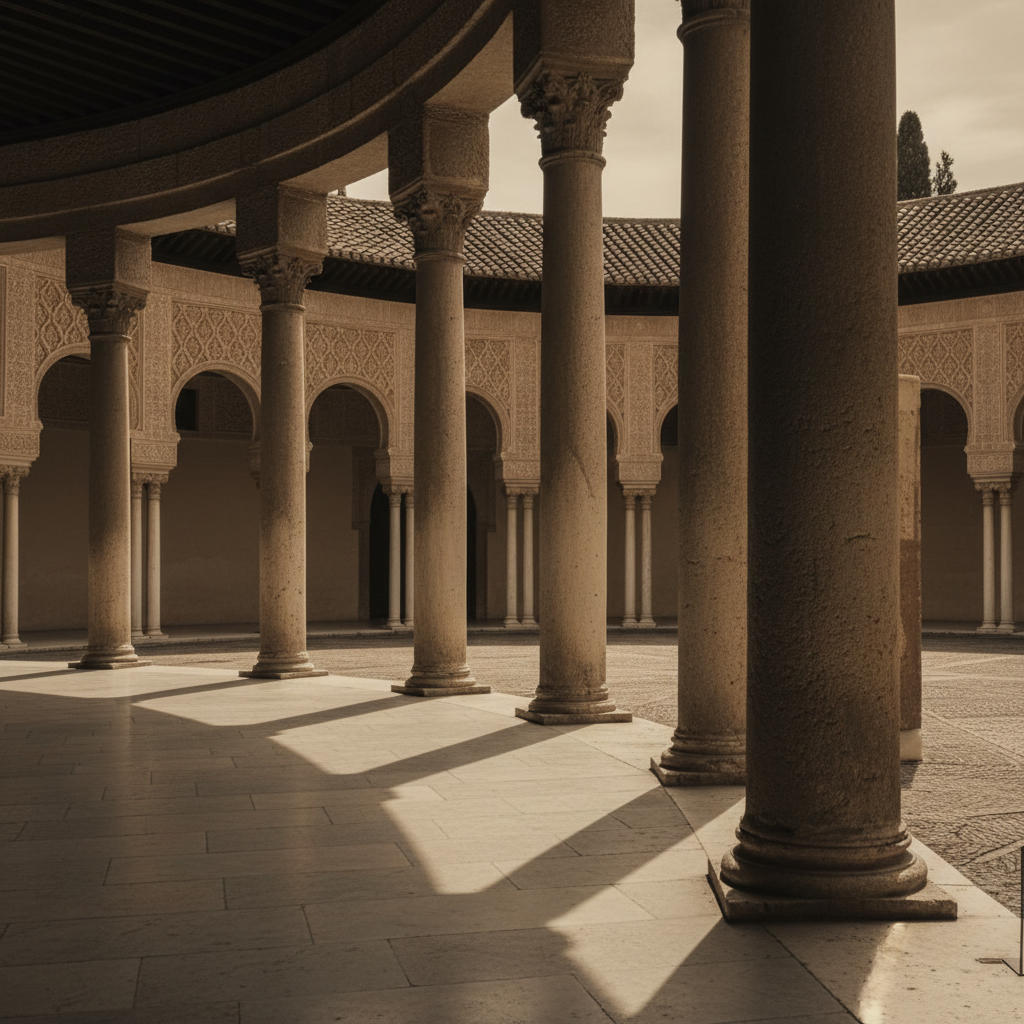 The circular courtyard of the Palace of Charles V, its heavy stone pillars casting long, dark shadows over the delicate 