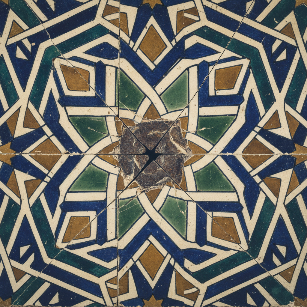 A close-up of intricate Mudéjar tilework, chipped and scarred by the iron pike of a Spanish soldier.