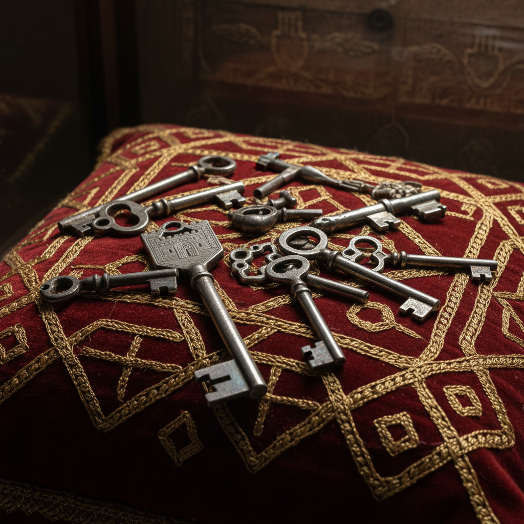 A close-up of the silver keys of the Alhambra resting on a cushion of gold-embroidered velvet.