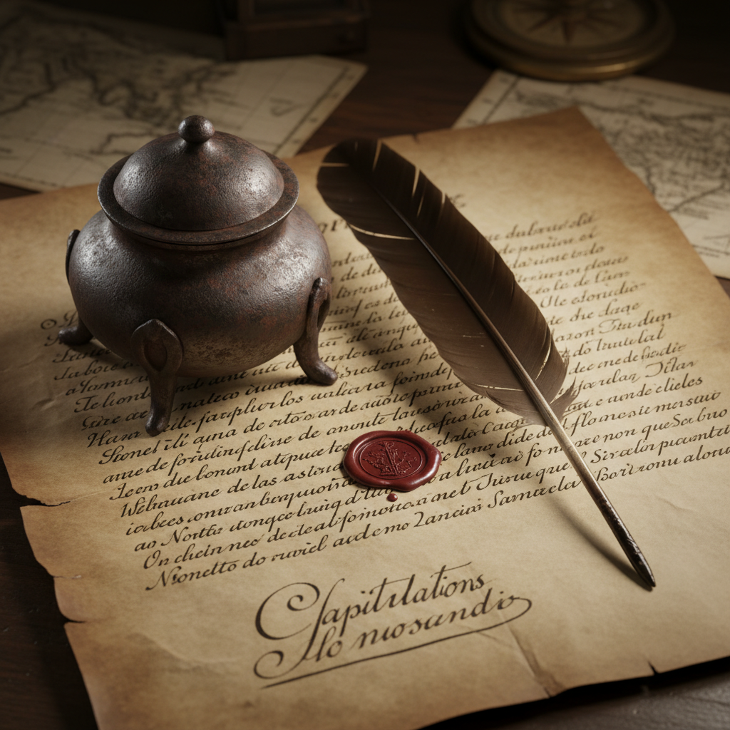 A heavy iron inkwell and a quill pen resting on the Capitulations of Santa Fe, the parchment stained with a single drop 