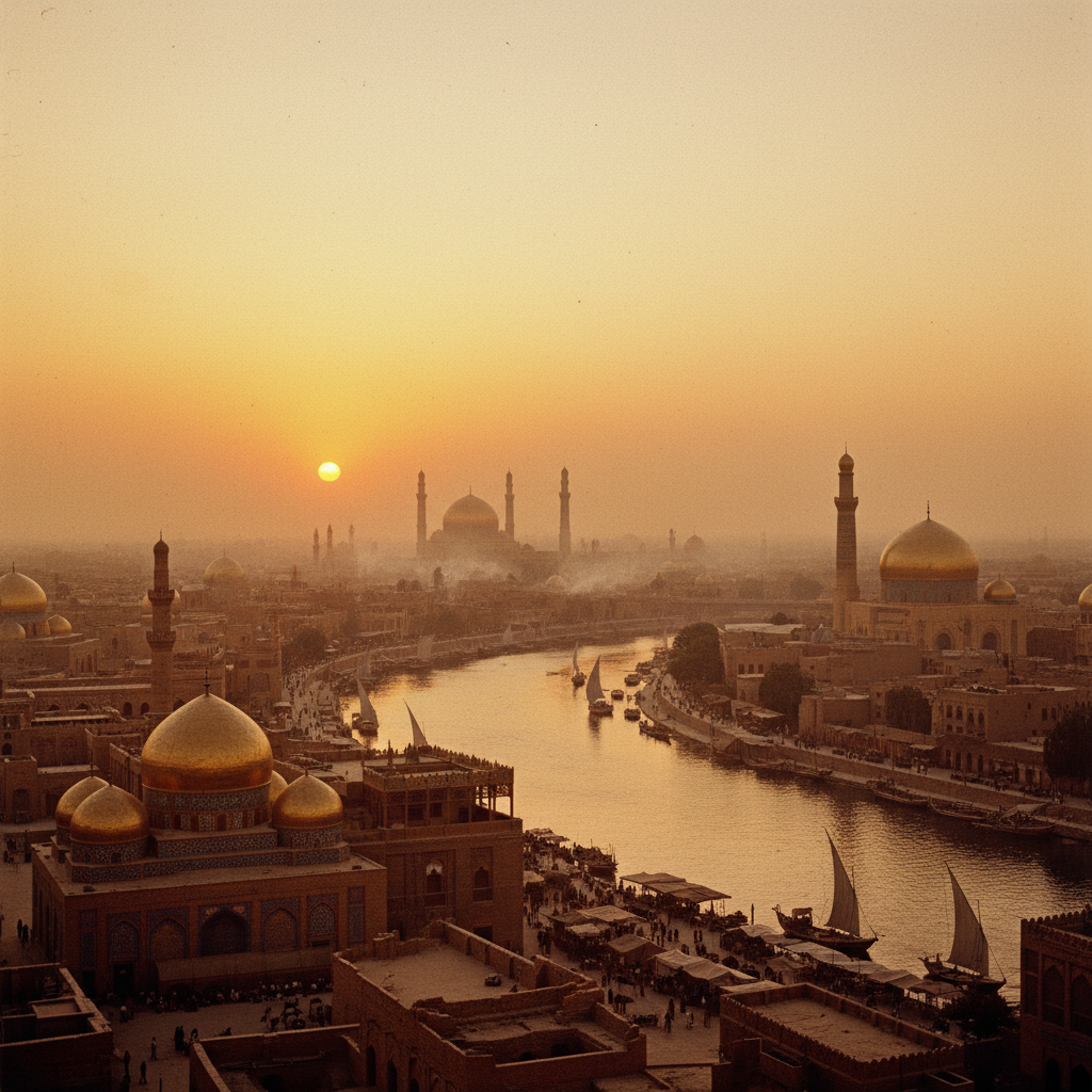 A lush, atmospheric wide shot of 13th-century Baghdad at sunset, the gold domes reflecting the orange light, seen throug