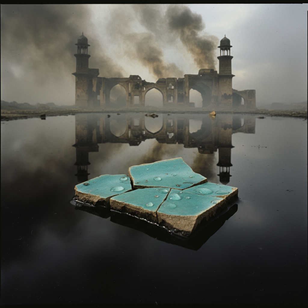 A haunting close-up of a shattered turquoise tile lying in a pool of dark, stagnant water, reflecting the smoke-filled s