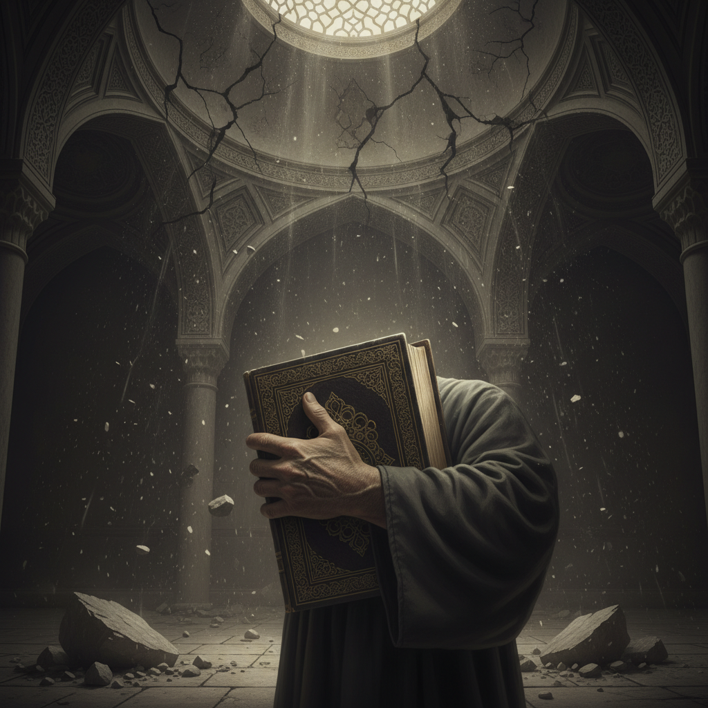 A dimly lit interior of the House of Wisdom, focus on a scholar’s hand clutching a gold-leafed manuscript as the ceiling