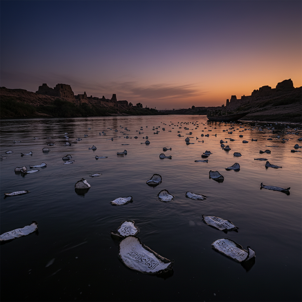 An evocative wide shot of the Tigris River at twilight, the water appearing thick and ink-black, with charred fragments 