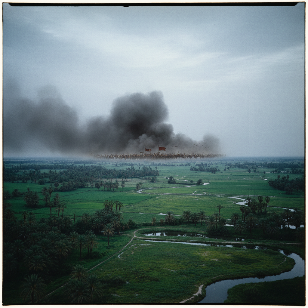 A vast, terrifying view of the Mongol vanguard appearing on the horizon, a smudge of dark dust beneath a cold, pale sky,