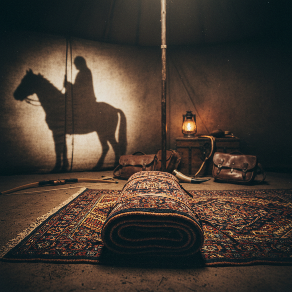 A dimly lit interior of a Mongol tent, the focus on a heavy, intricately woven Persian carpet rolled tightly on the dirt