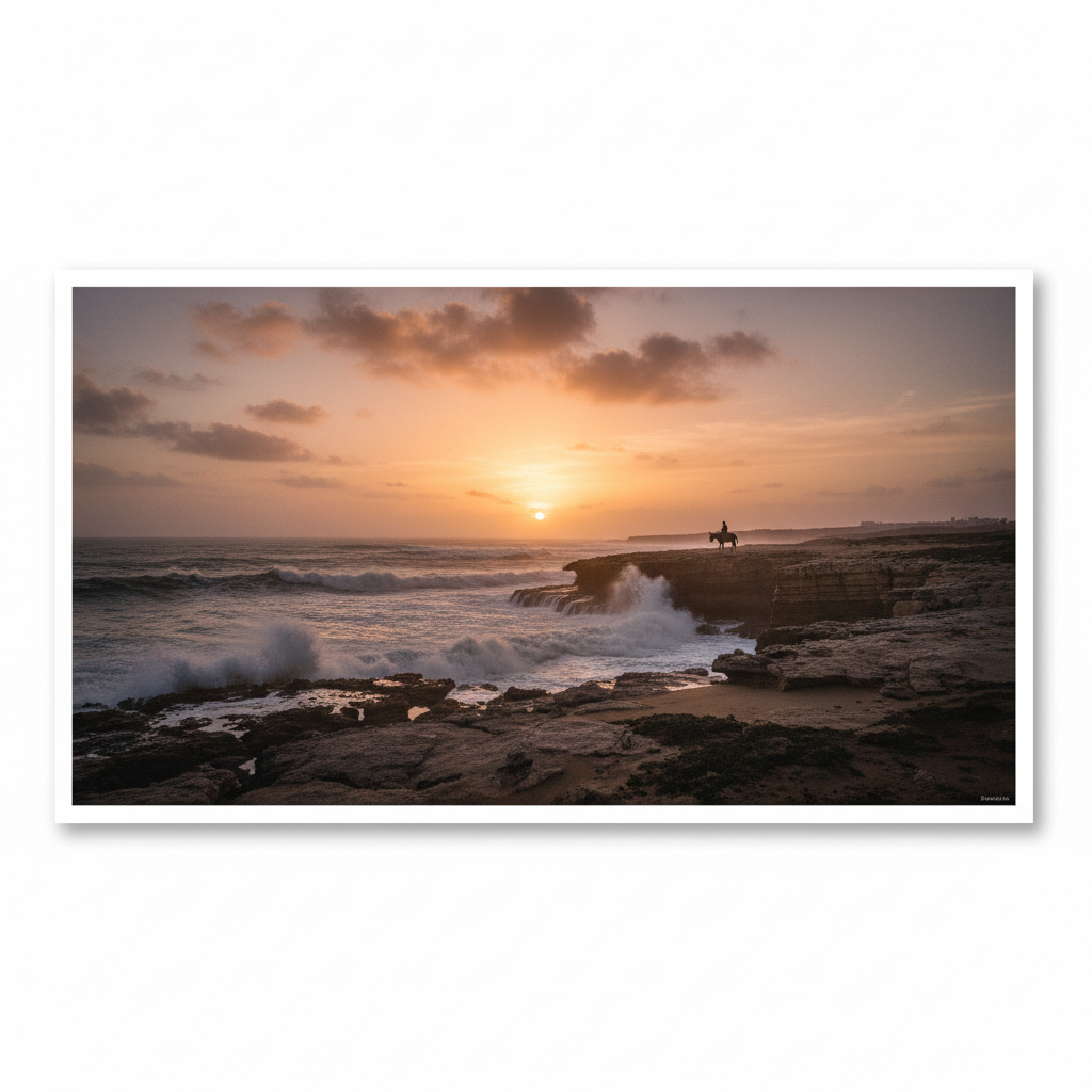 A wide, cinematic shot of the Tangier coastline at dusk, the Atlantic waves crashing against limestone cliffs, a lone fi