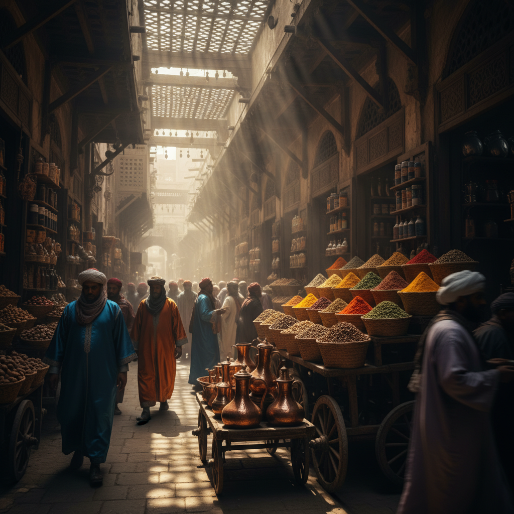 A dense, atmospheric view of a fourteenth-century Cairo bazaar, shafts of piercing sunlight through wooden lattice roofs