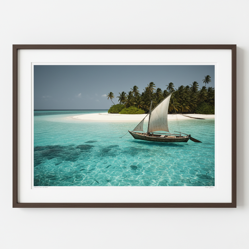 A crystalline view of a Maldivian lagoon at noon, the water a piercing turquoise, with a simple wooden dhow anchored nea