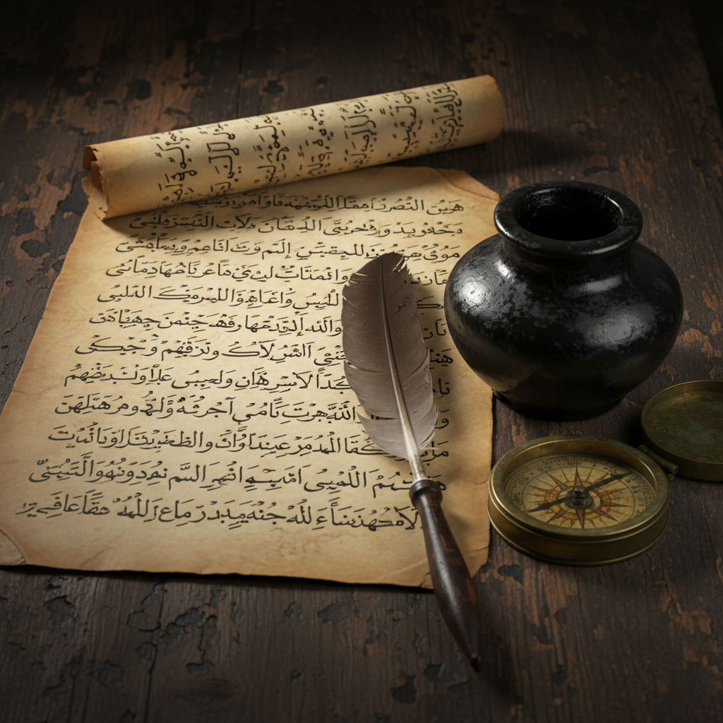 A close-up of an ancient, yellowed parchment manuscript, the Arabic calligraphy tight and elegant, with a heavy inkwell 