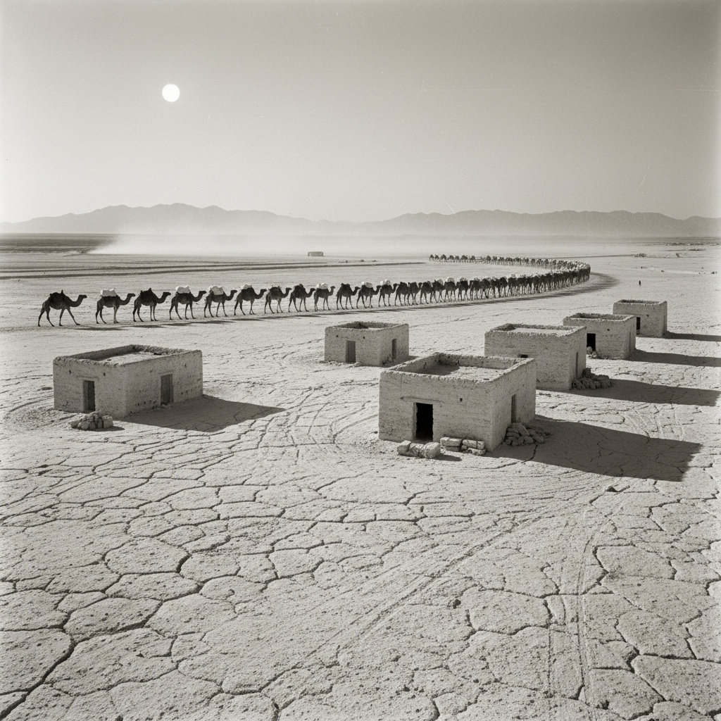 A desolate, sun-scorched view of the Taghaza salt mines, the ground a blinding, cracked white, with low-slung dwellings 