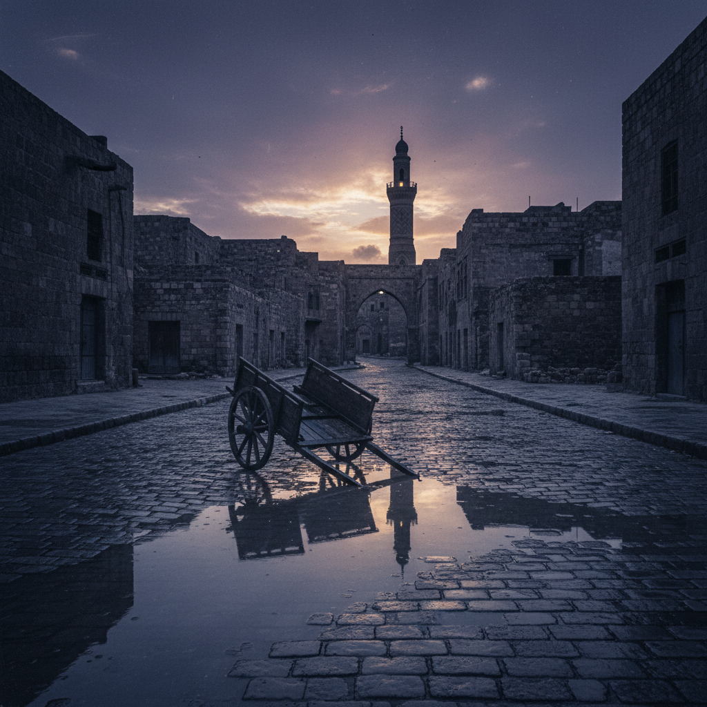 A haunting, wide shot of a deserted Damascus street at twilight, the cobblestones slick with rain, a single abandoned ca