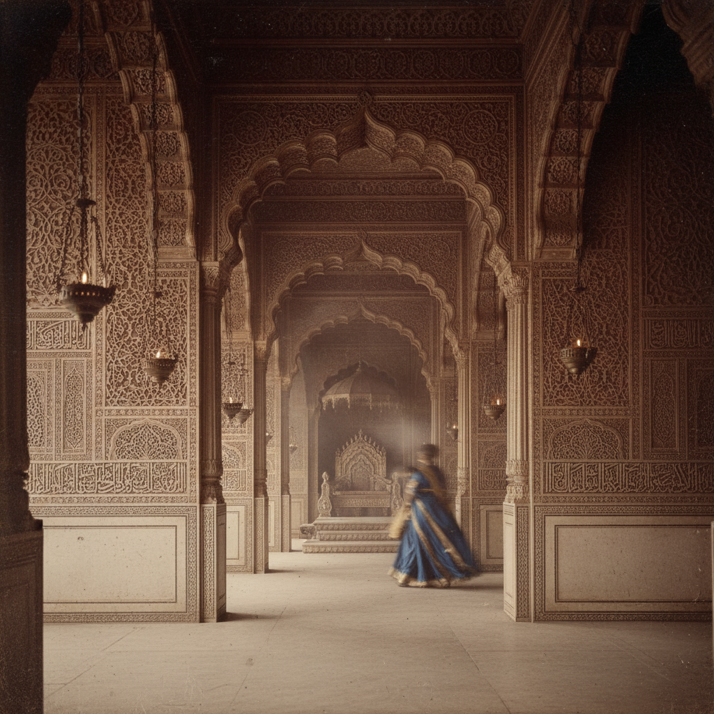 An opulent interior of the Delhi Sultanate palace, featuring intricate stone carvings, low-burning oil lamps casting lon
