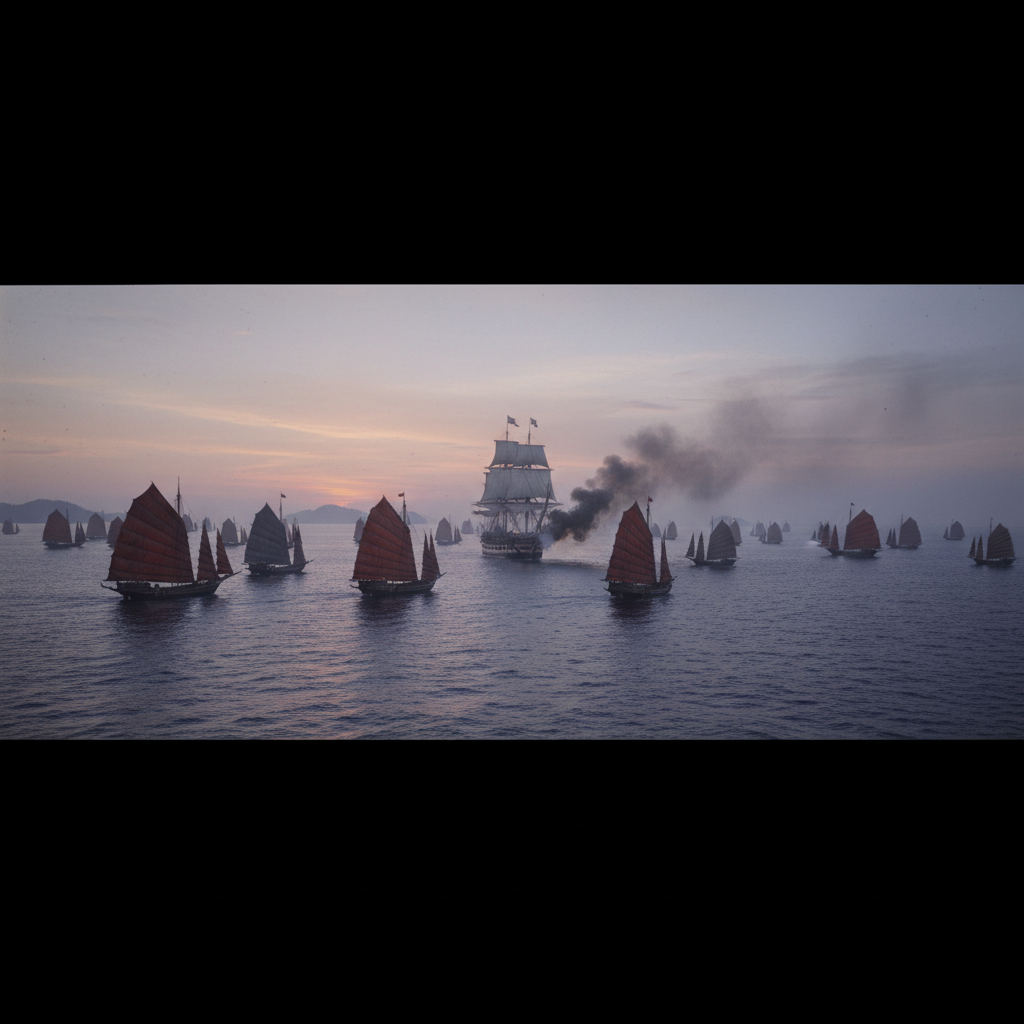 A sprawling panoramic view of the South China Sea at dusk, dozens of pirate junks with ribbed, bat-wing sails closing in