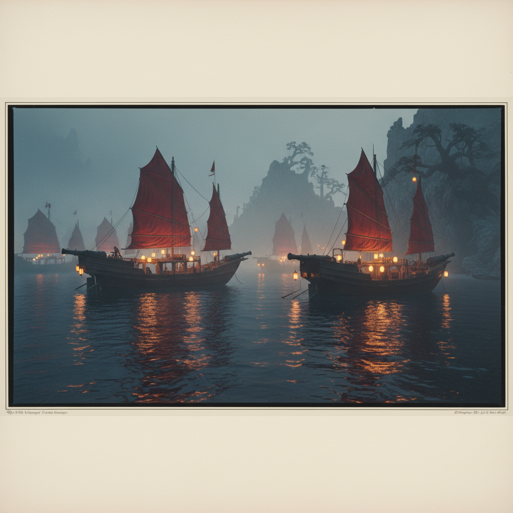 A fleet of red-sailed junks silhouetted against a dark, misty coastline, the water reflecting the glow of deck lanterns 