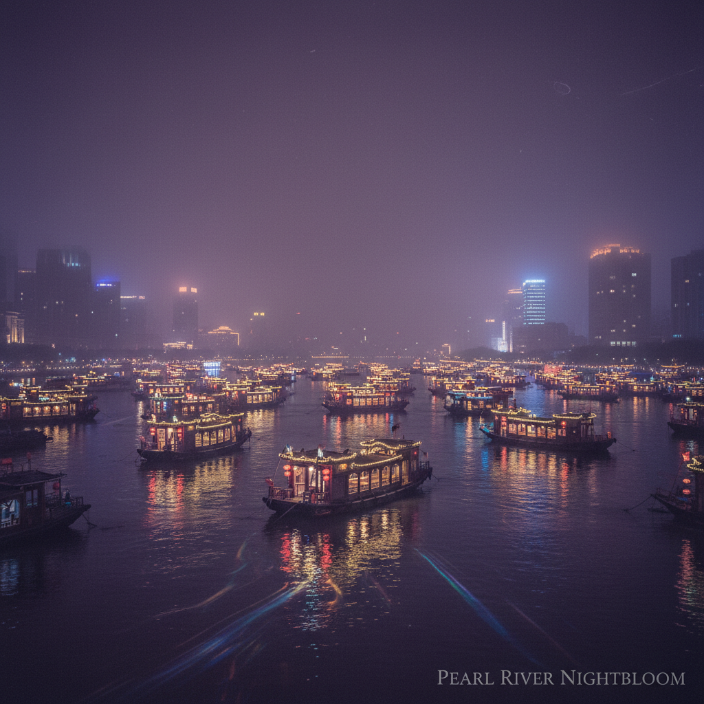 A sprawling night view of the Pearl River, the water crowded with glowing flower boats under a heavy, violet mist, their