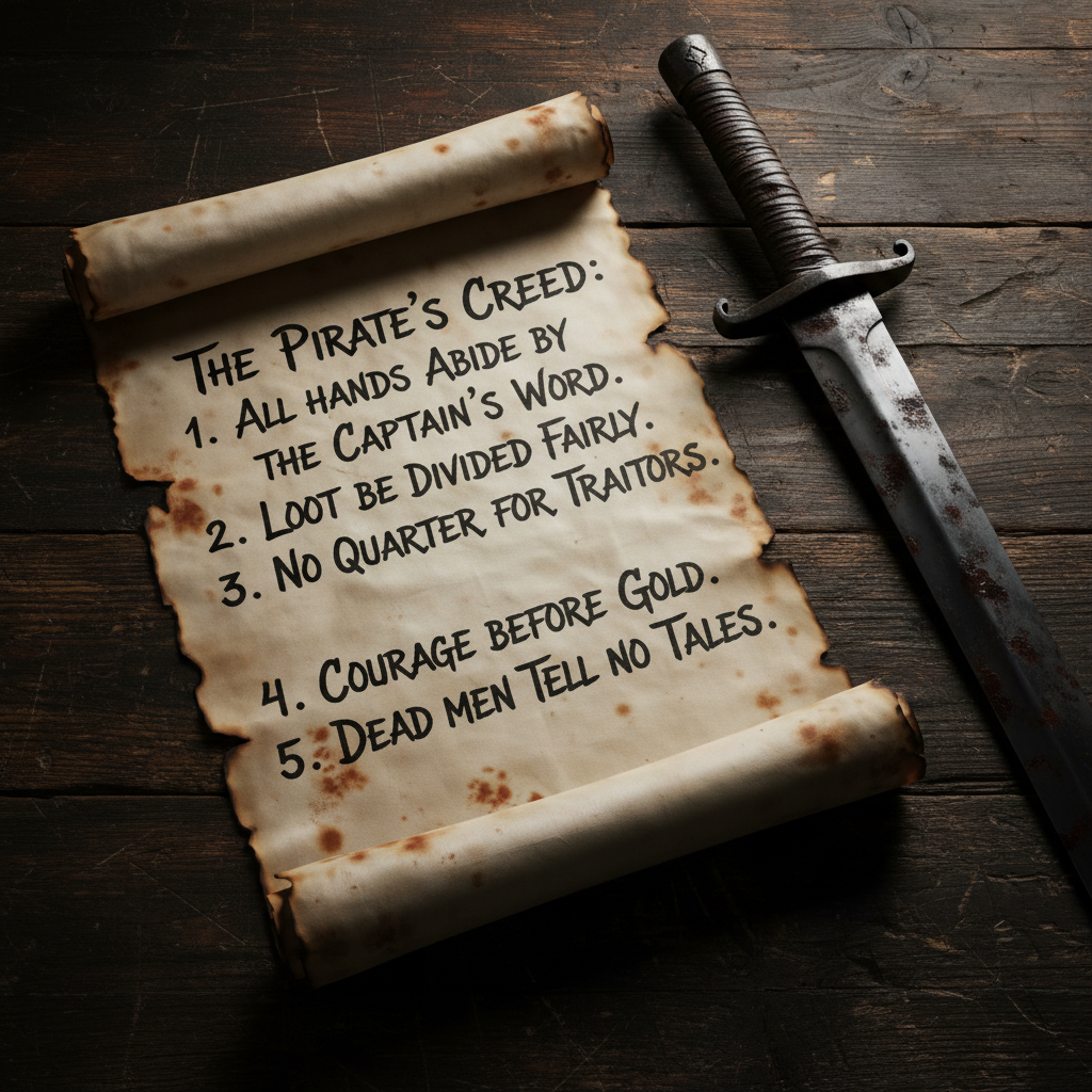 A close-up of a weathered pirate code written in bold, aggressive calligraphy on aged silk, resting on a wooden table be