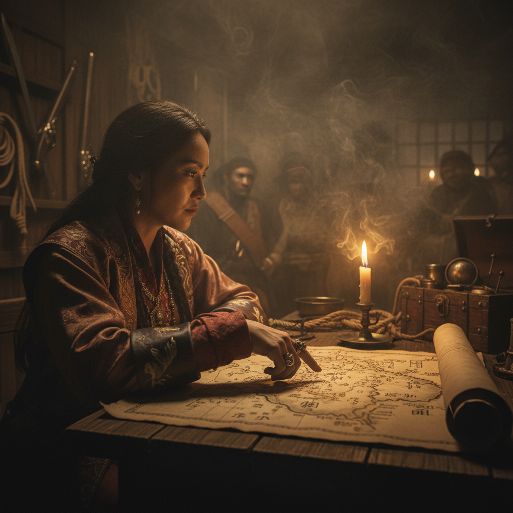 A tense interior scene of a smoky, dimly lit pirate cabin where Ching Shih, her face illuminated by a single flickering 