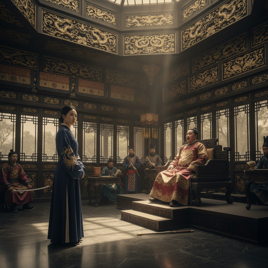 A grand, ornate government hall in Canton where a woman in simple but elegant robes stands defiantly before a seated, st