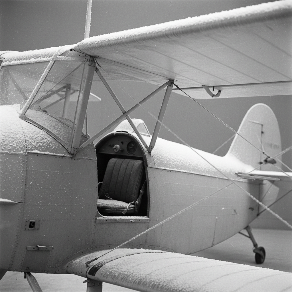 A black and white close-up of a Po-2 biplane, showing the fragile wooden struts and the stretched fabric of the wings, d