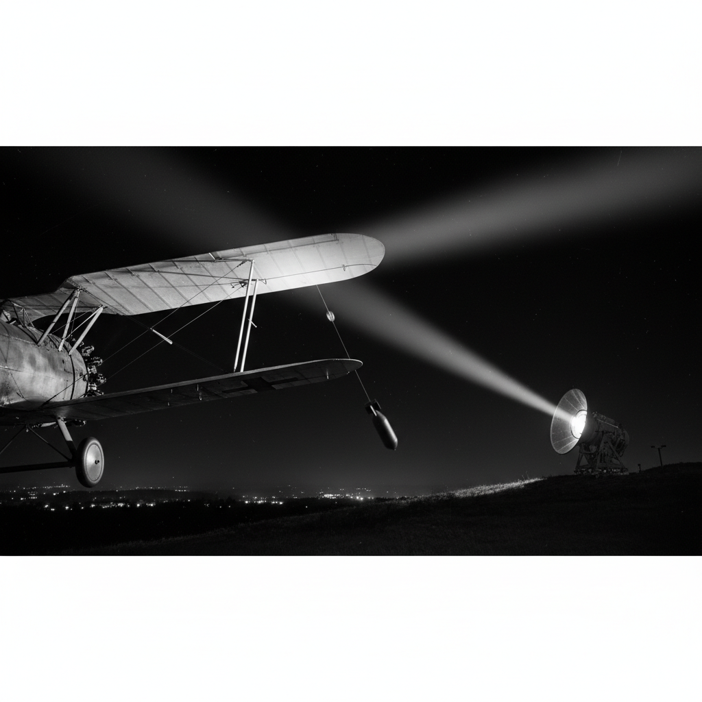 A dramatic night shot of a German searchlight beam cutting through the darkness, illuminating the underside of a biplane