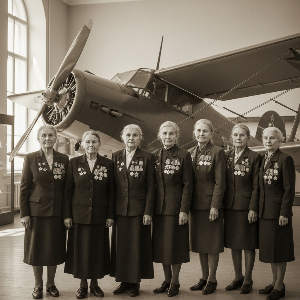 A row of elderly women in the 1990s, their chests heavy with gold Hero of the Soviet Union medals, standing in front of 