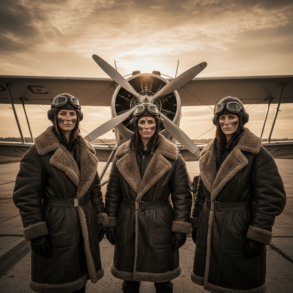 Three female pilots standing in front of their plane at dusk, their faces smeared with engine grease, wearing heavy leat
