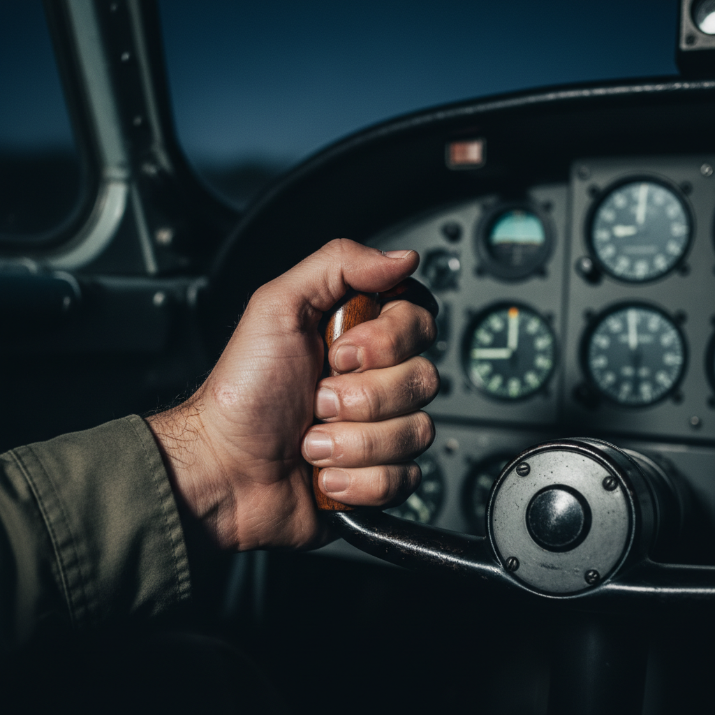 A close-up of a pilot’s hand gripping the wooden release lever, the knuckles white and the skin scarred by frostbite, th