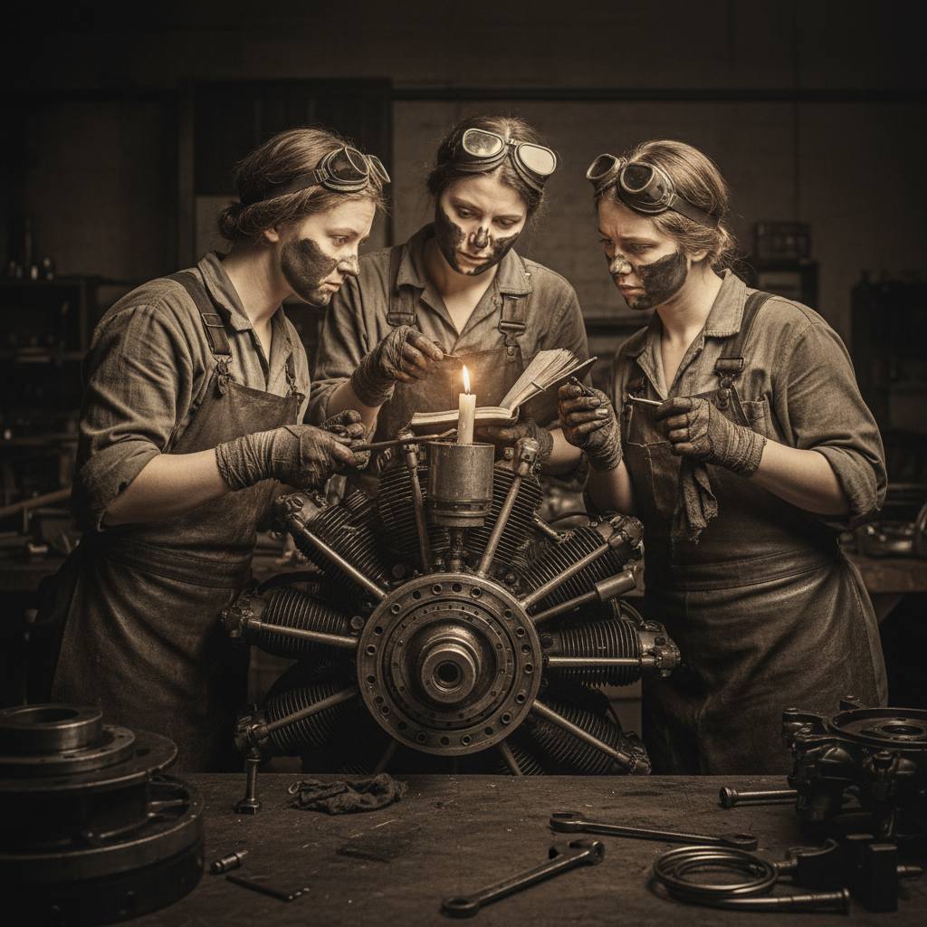 Three female mechanics huddled together over a Shvetsov engine at 3:00 AM, their faces smeared with black grease, their 