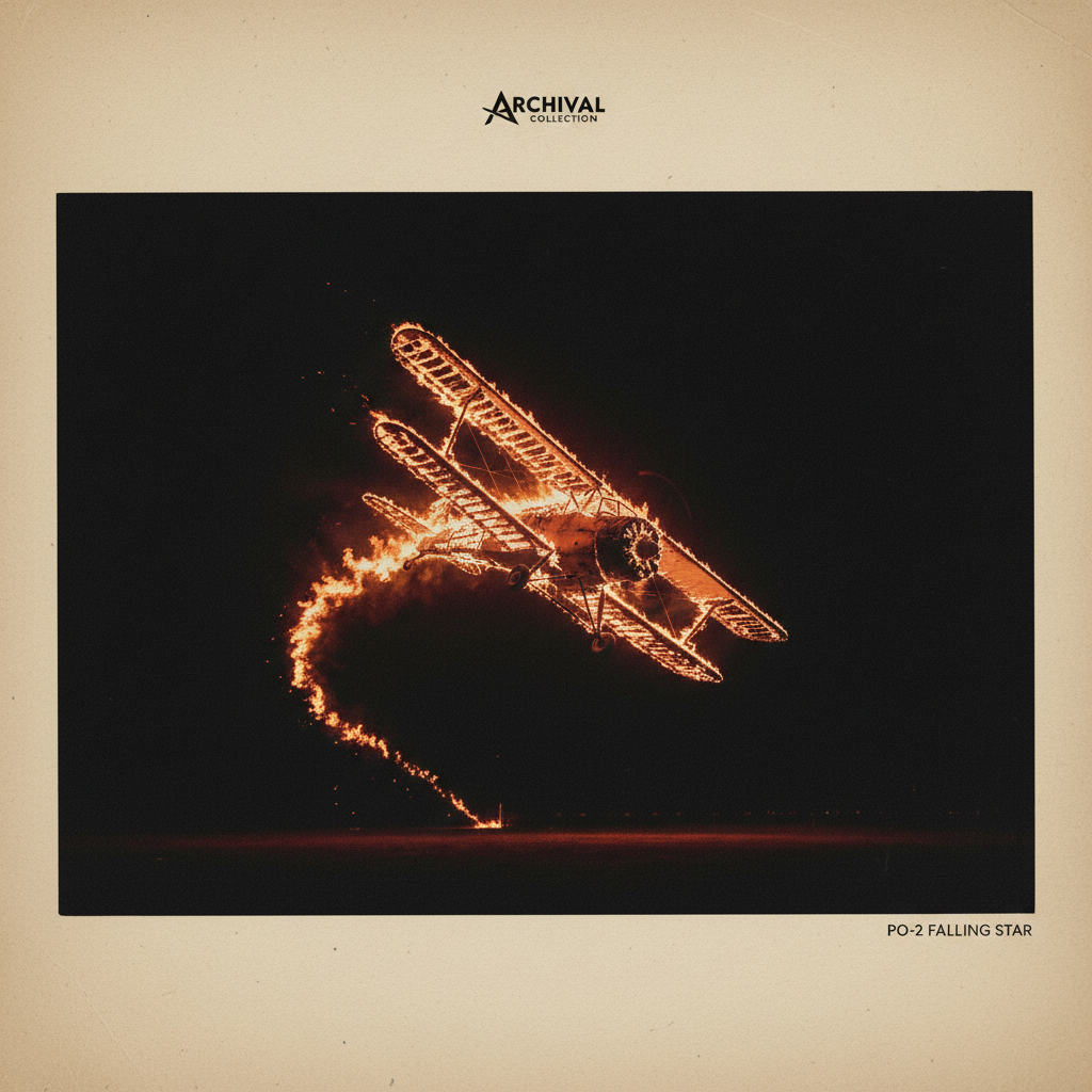 A haunting image of a Po-2 engulfed in flames against a pitch-black sky, the fire illuminating the skeletal wooden frame