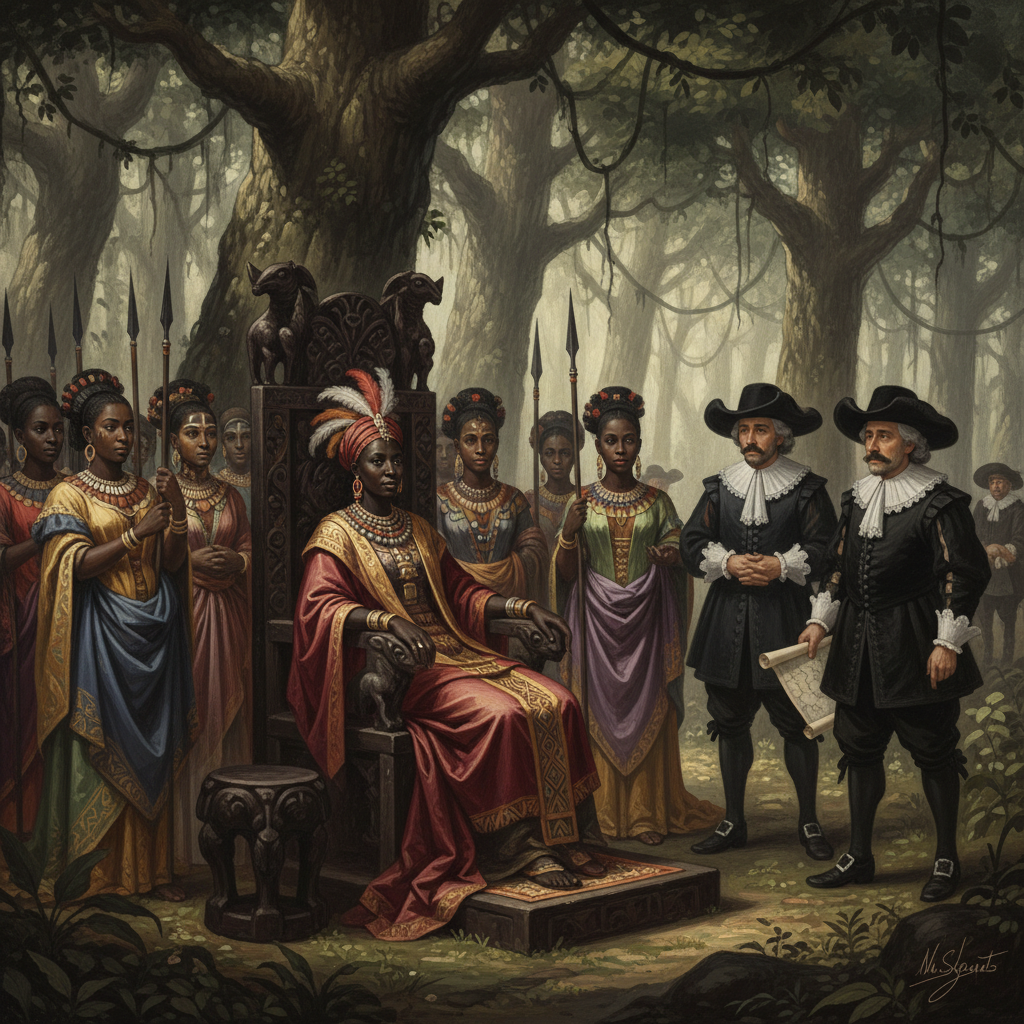 A conceptual illustration of Queen Nzinga’s forest court, showing her seated on a throne of dark wood, surrounded by her