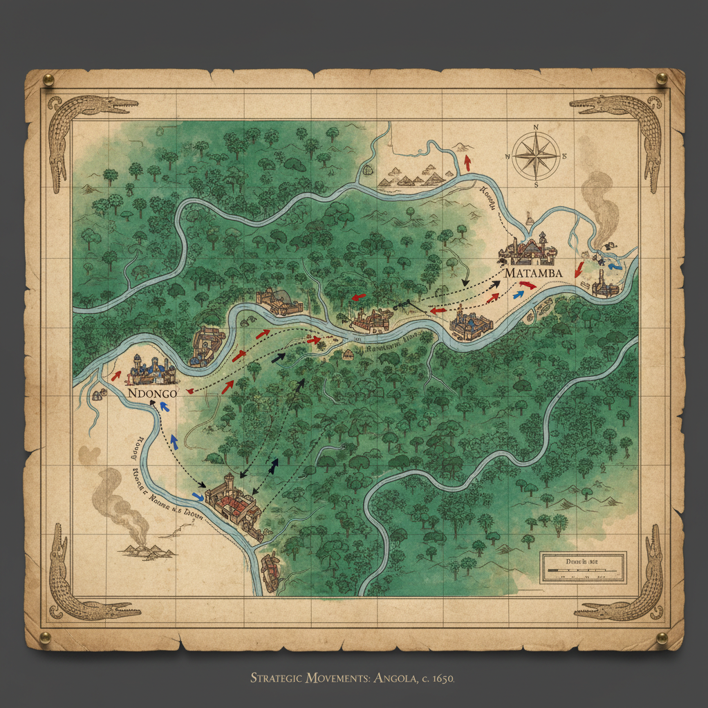 A tactical map of 17th-century West-Central Africa, showing the movement of troops through the lush, river-dissected ter