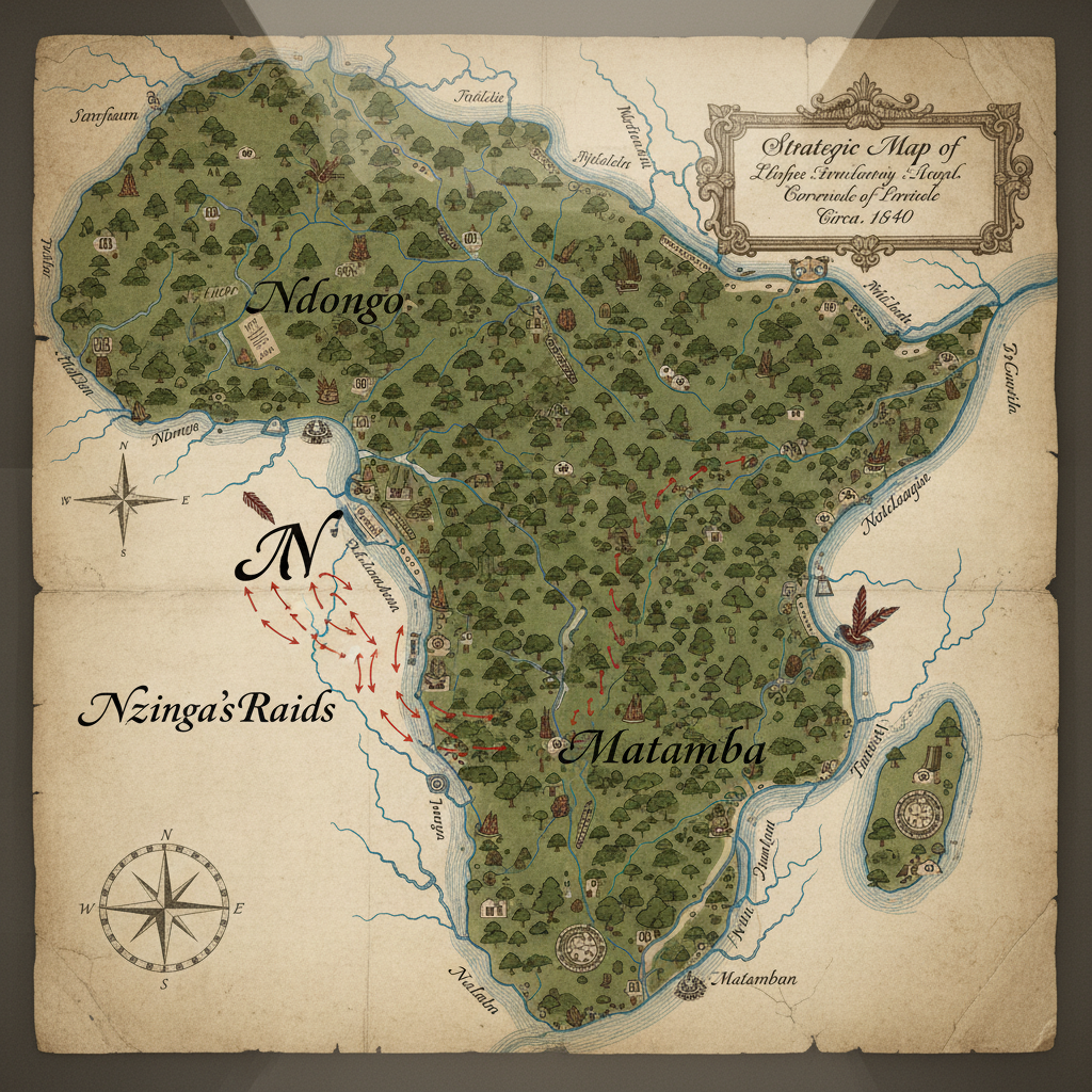 A tactical map of 17th-century West-Central Africa, showing the movement of troops through the lush, river-dissected ter