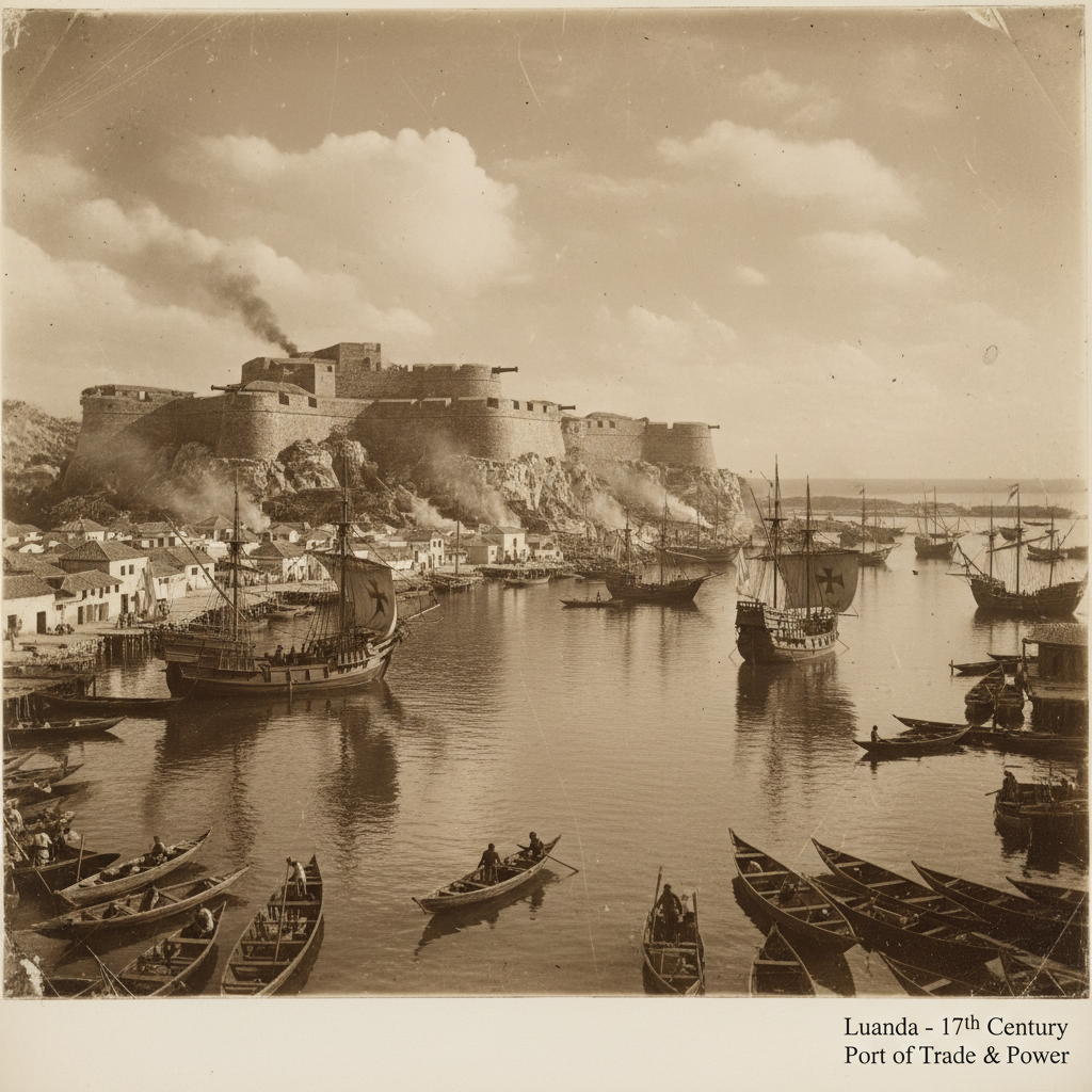A wide shot of 17th-century Luanda, with stone Portuguese fortifications overlooking a harbor filled with caravels and s