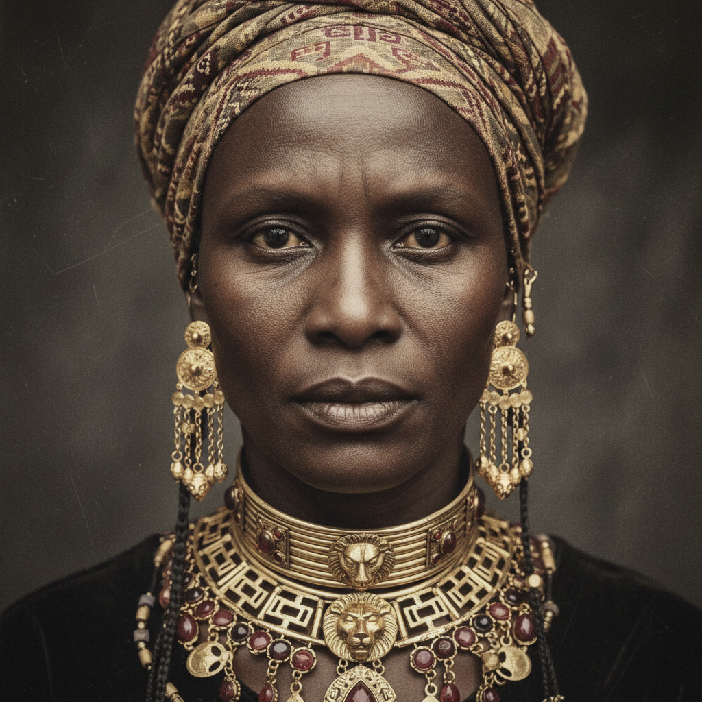 A close-up of Queen Nzinga’s face, focusing on her piercing eyes and the intricate gold jewelry adorning her ears and ne