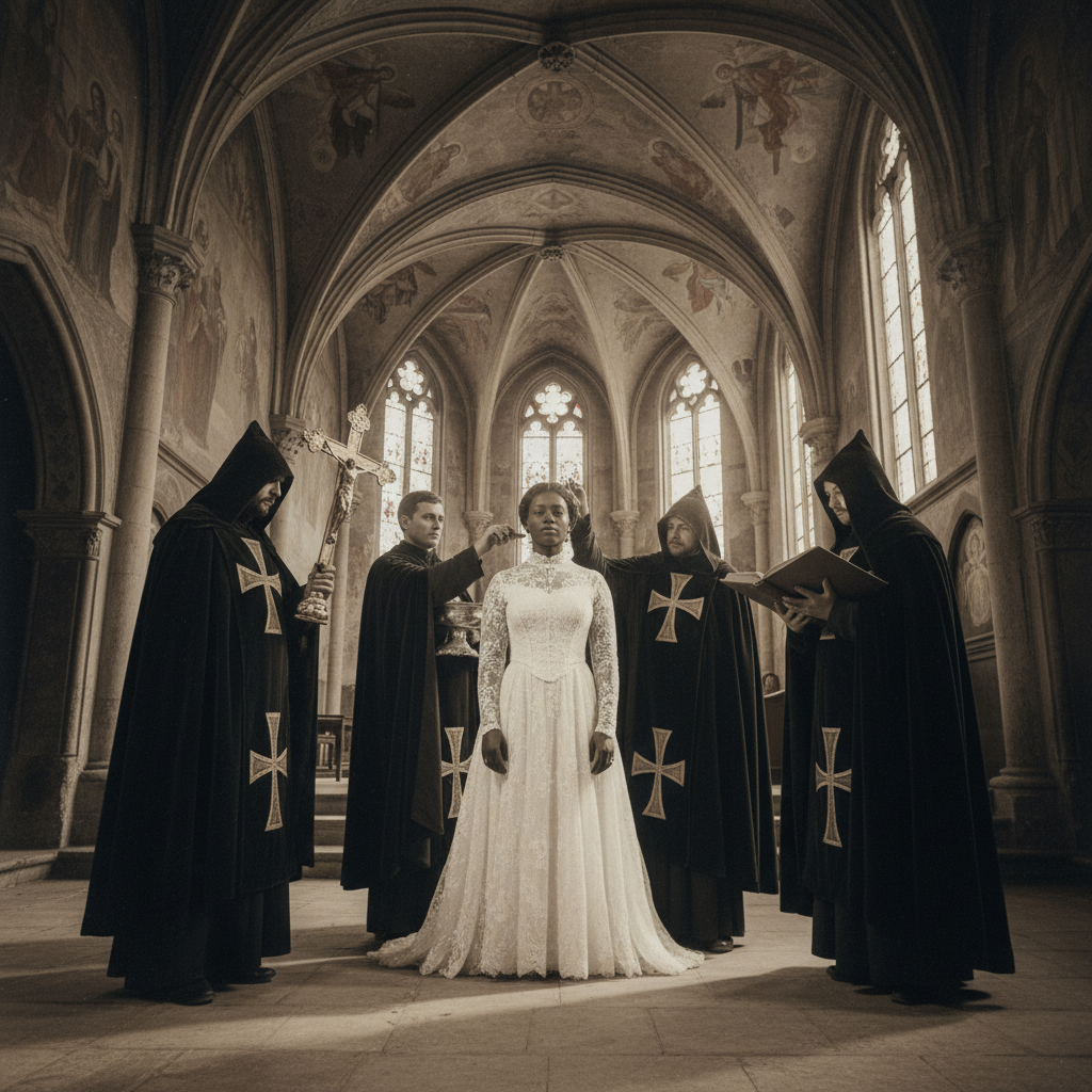 A dramatic recreation of the baptism, with Nzinga in white lace surrounded by Portuguese priests in heavy robes under th