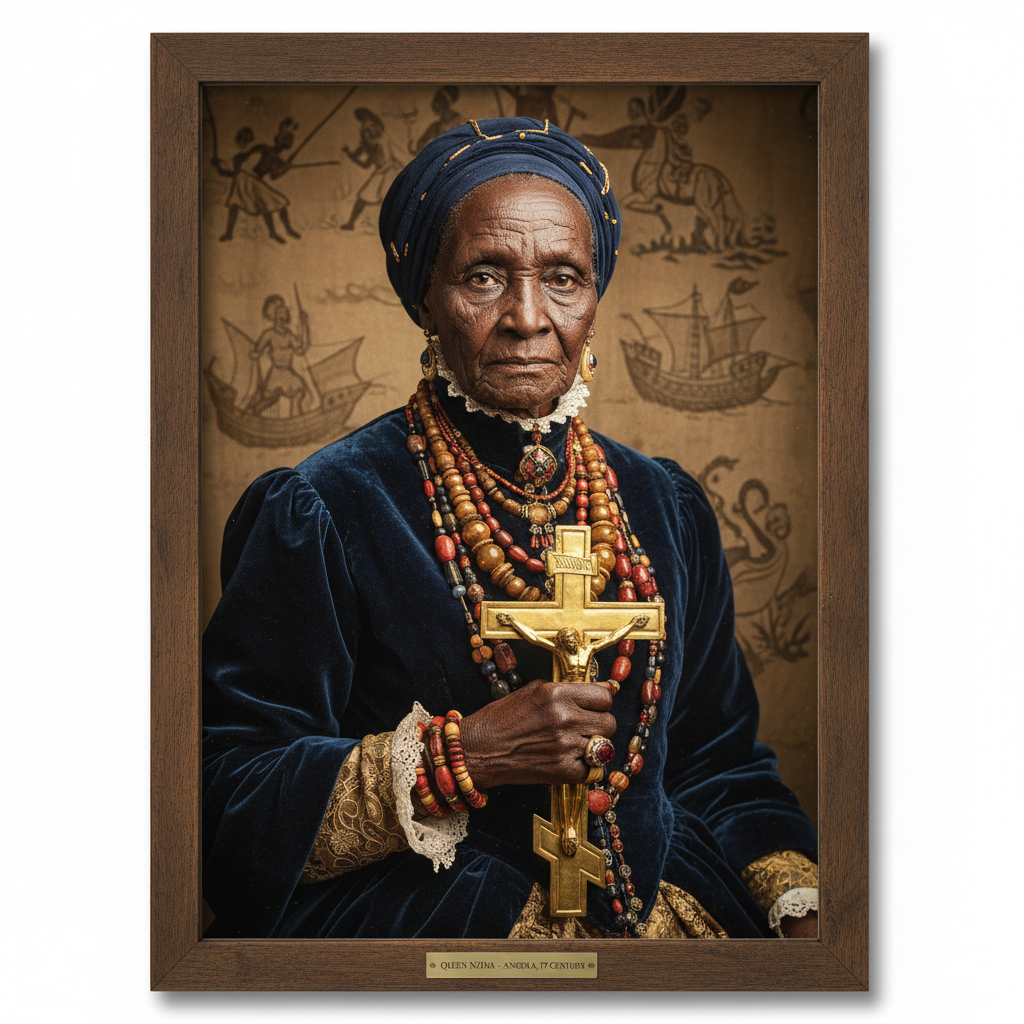 A portrait of an elderly Queen Nzinga, her face etched with deep lines of wisdom and command, wearing a mix of African b