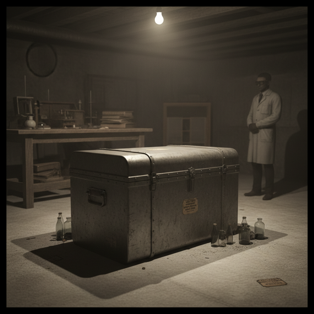 An archival photograph of a lead-lined trunk, the metal heavy and dull, used to transport radioactive materials, sitting