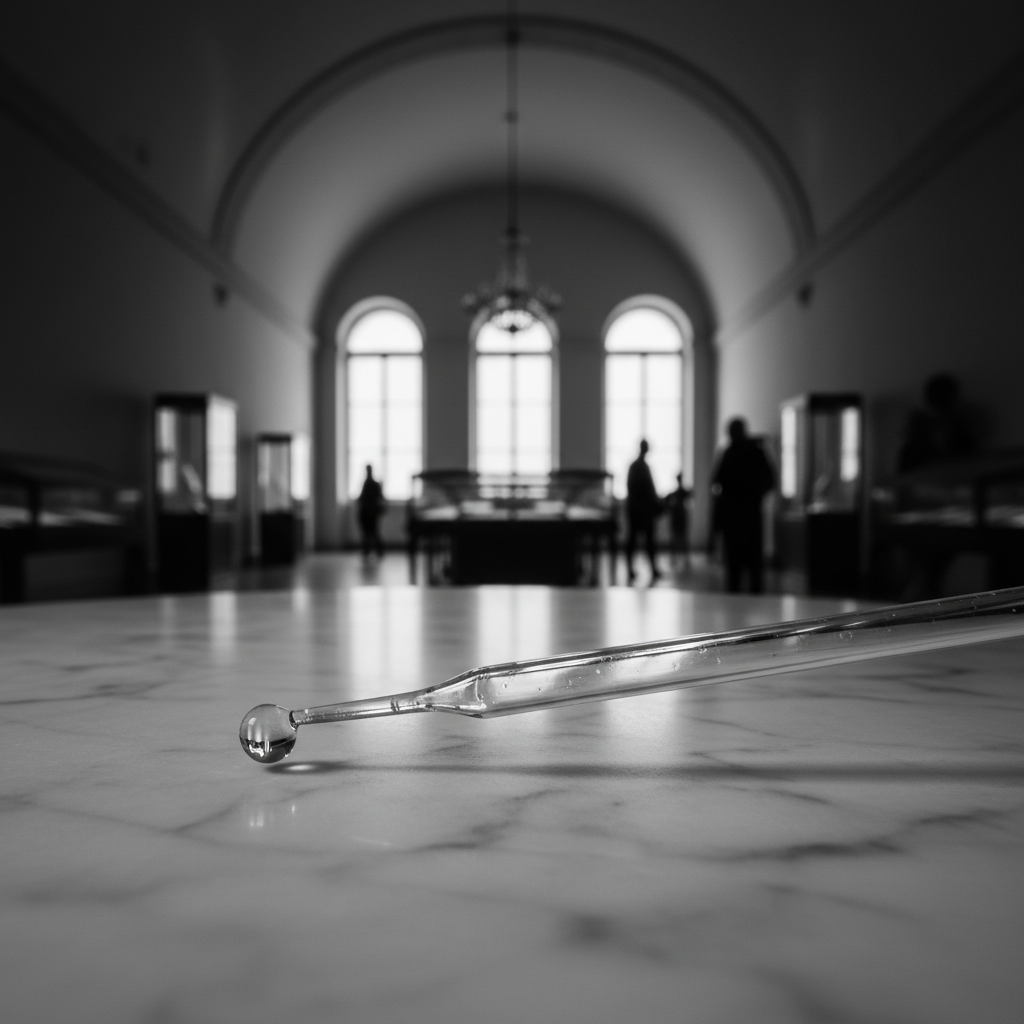 A final, haunting image of a single glass pipette resting on a marble tabletop, a single drop of clear liquid trembling 