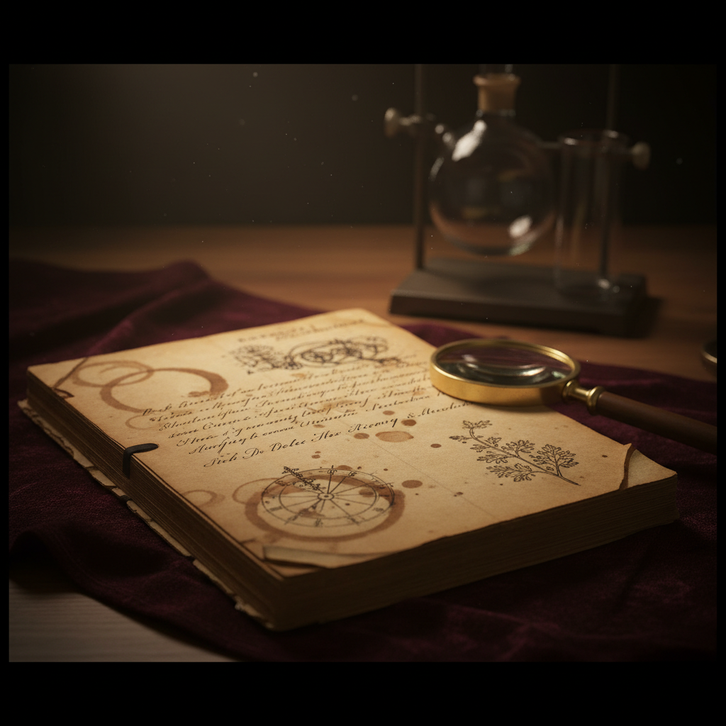 A close-up of a vintage laboratory notebook, the pages yellowed and stained with water rings, resting on a velvet cloth 