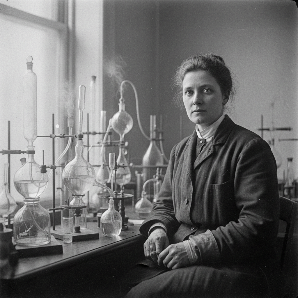 A grainy, black-and-white photograph of Marie Curie in her laboratory, surrounded by intricate glassware, her fingers st