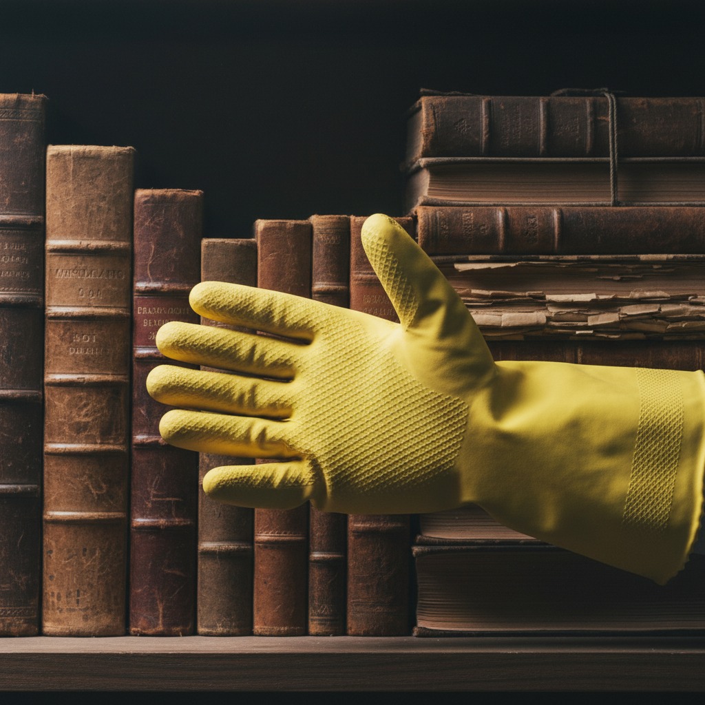 A stark, modern image of a hand wearing a thick yellow radiation glove, reaching toward a shelf of old, leather-bound bo